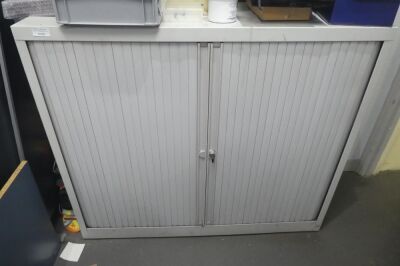 Metal Tambour Door Cabinet, 2 Shelves